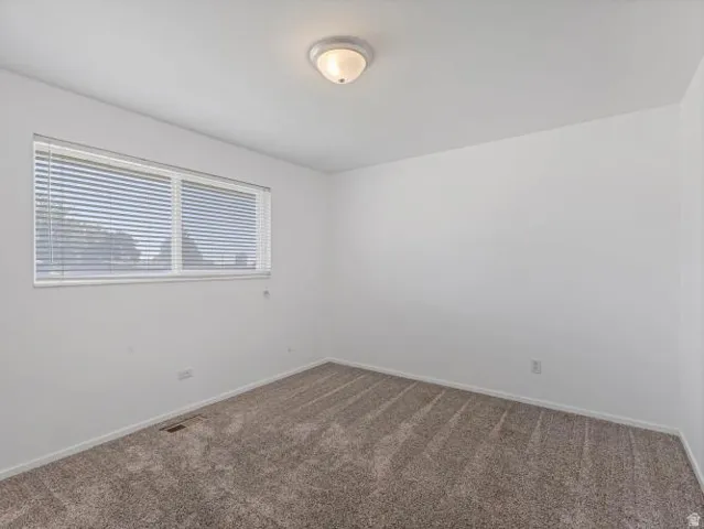 Recessed window with blinds, overhead flush mount lighting, and neutral tone carpet