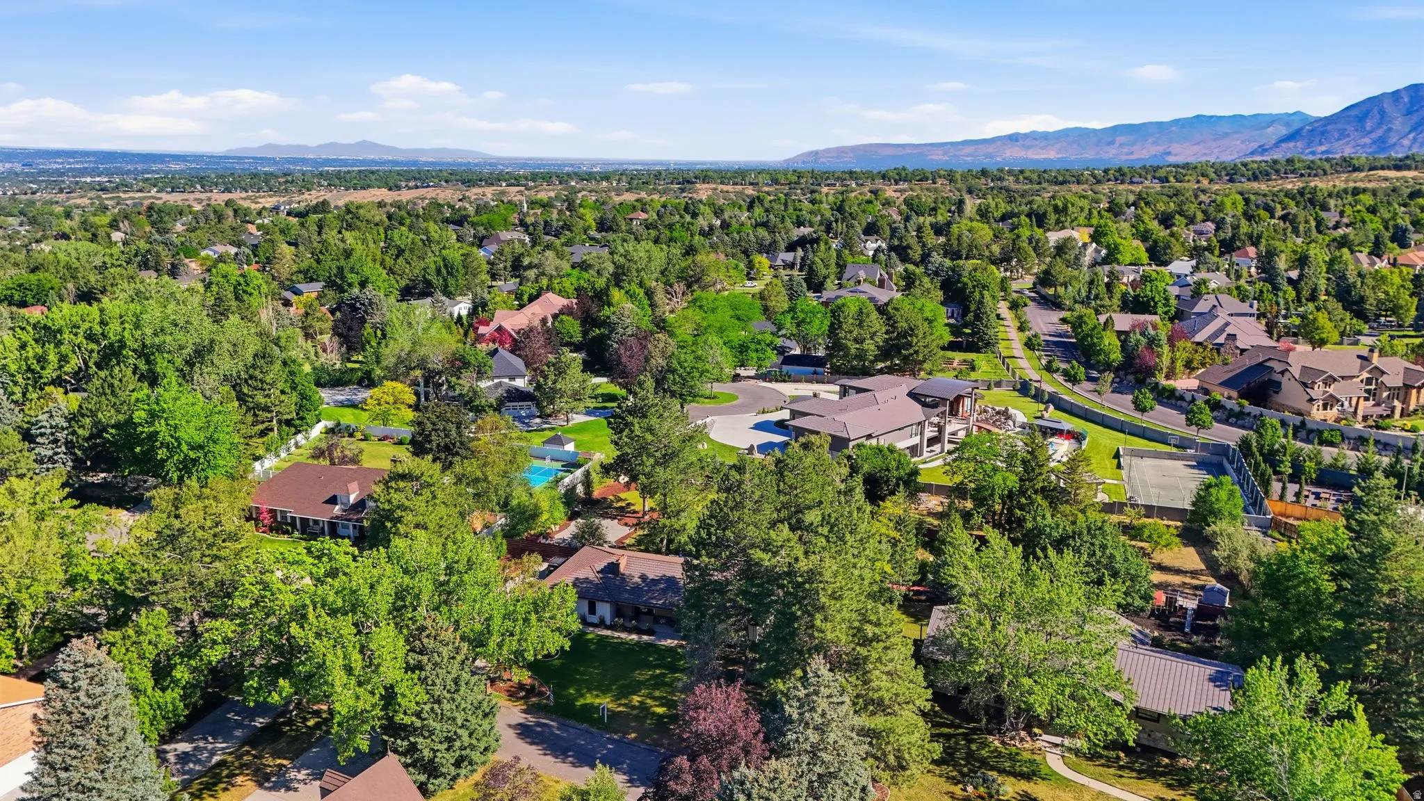 Expansive aerial perspective showcasing a residential neighborhood with mature trees