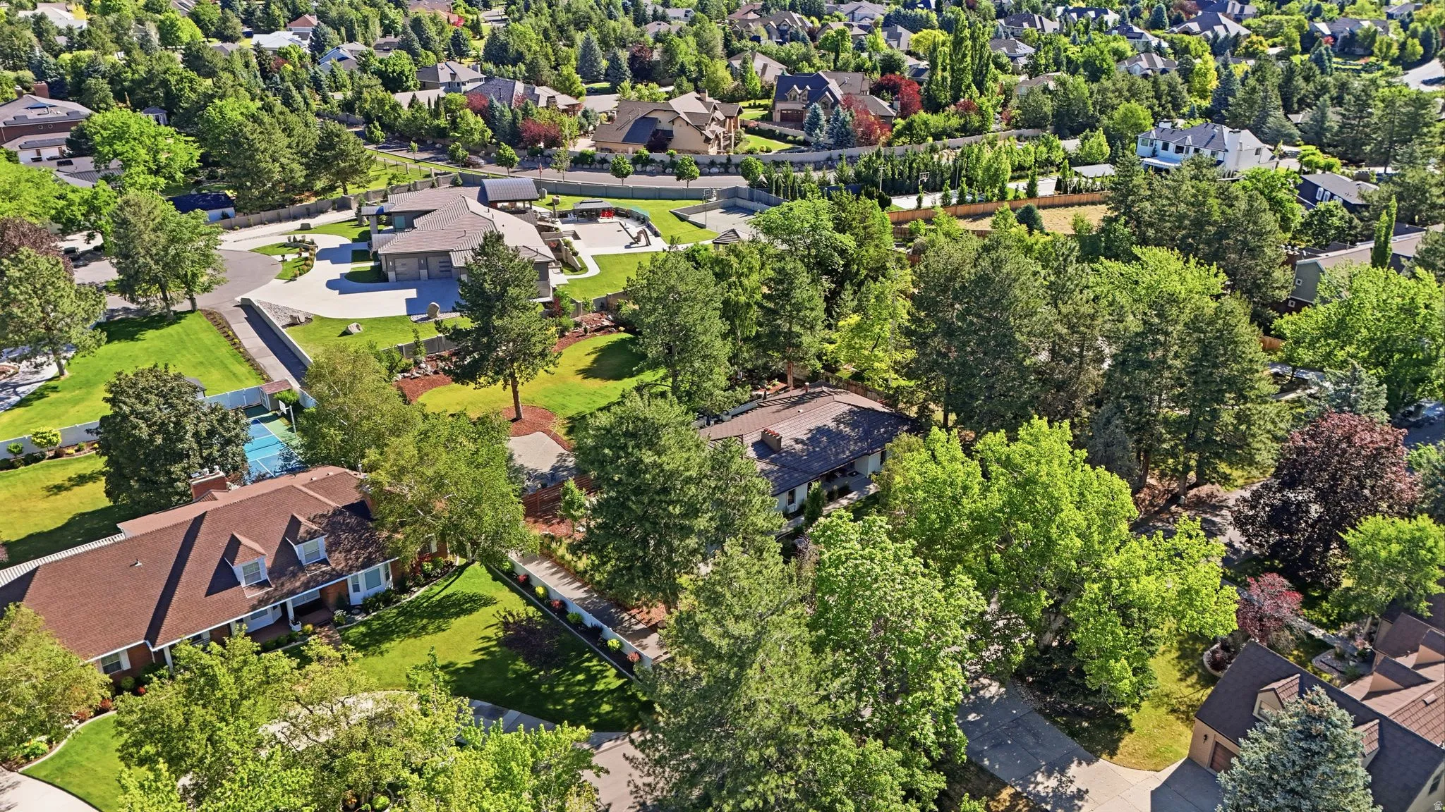 Expansive aerial view showcasing a neighborhood with abundant mature trees and manicured lawns