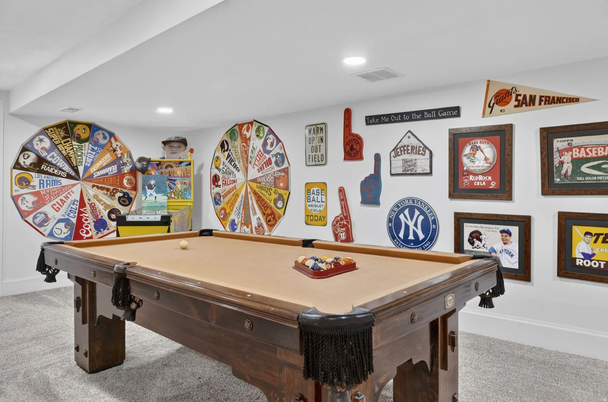 Recreation room featuring a pool table with fringe accents, recessed lighting, and carpet flooring