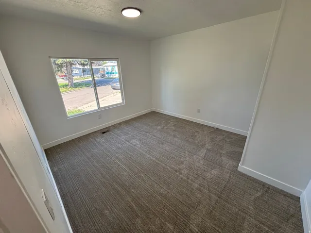 Spacious room featuring neutral carpeting, white walls, a large window, and a flush-mount ceiling light