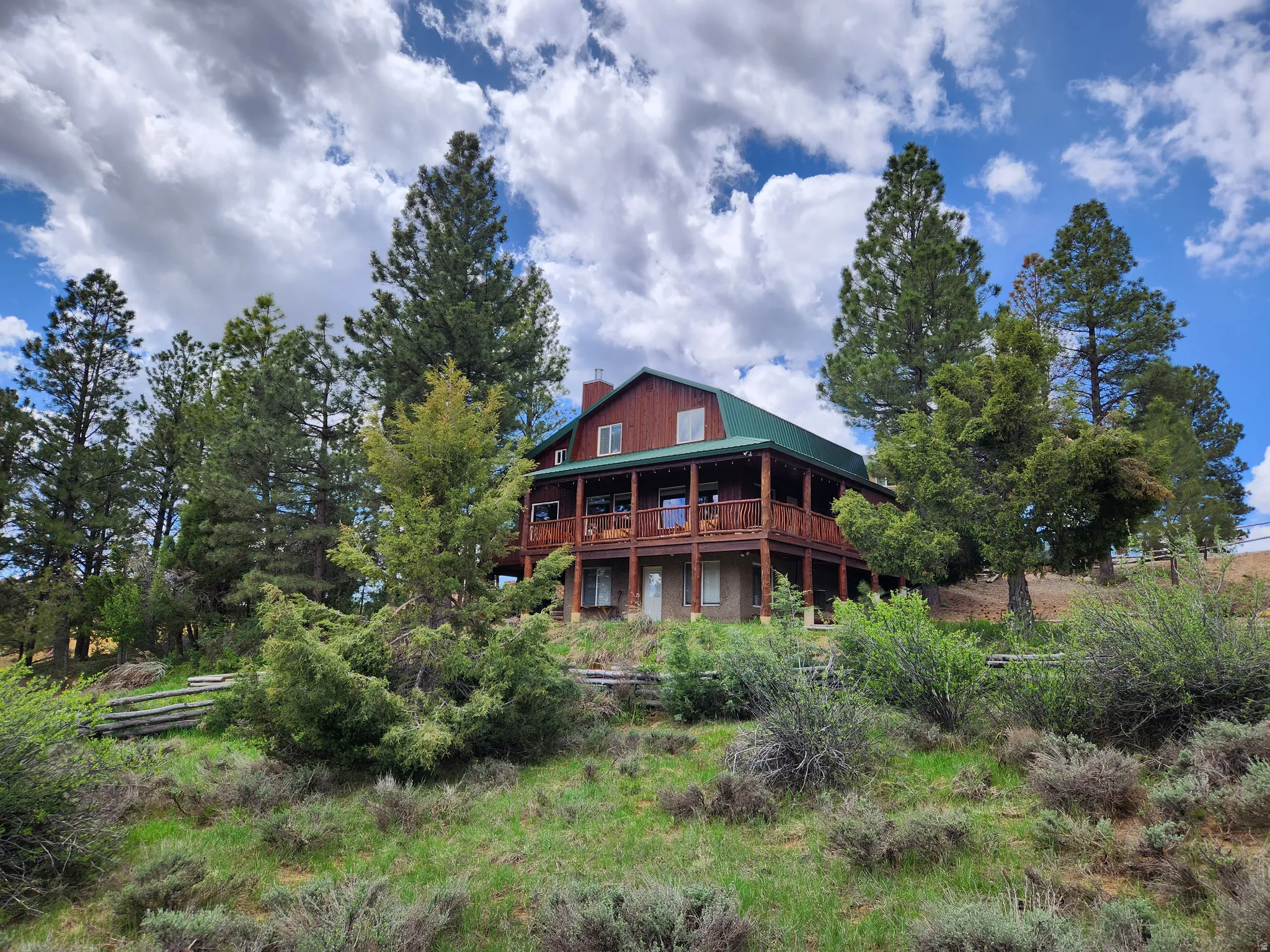 Wood-sided residence with a green metal roof and multiple windows, surrounded by mature trees and natural landscaping