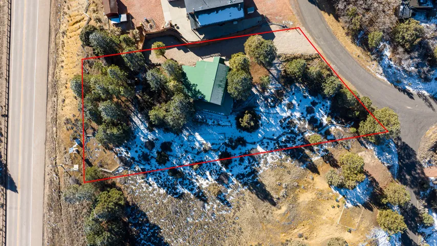 Expansive residential lot featuring a main residence with a green roof, mature evergreen trees, a gravel driveway, and paved road access