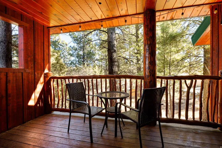Covered wood-finish deck with natural log railings and structural posts