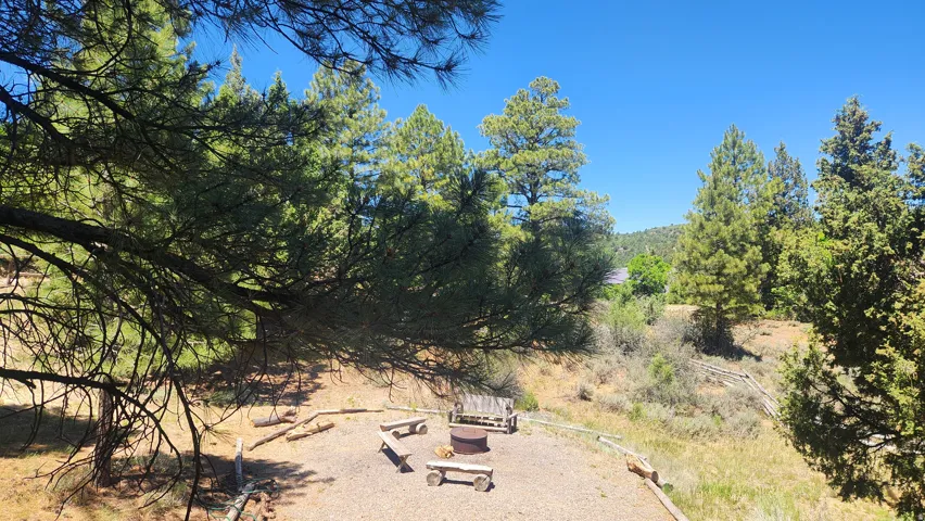 Outdoor gathering area featuring a central fire pit, surrounding log benches, and a gravel surface