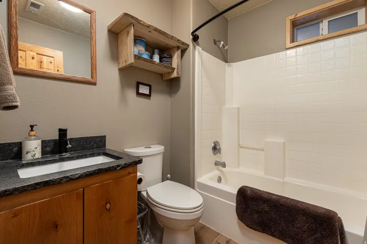 Bathroom featuring a wood-finish vanity with a dark stone countertop and integrated sink