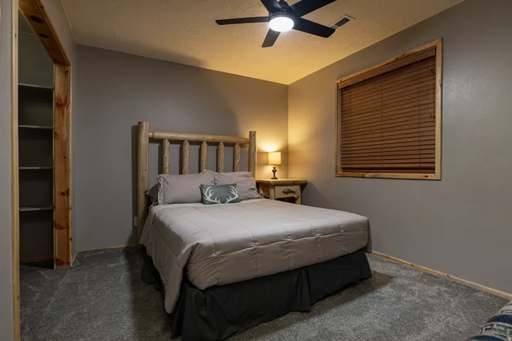 Carpeted room with gray walls and a sloped ceiling