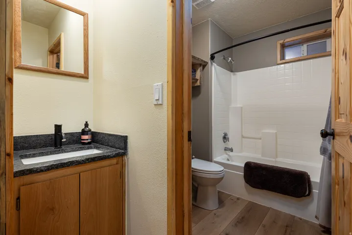Bathroom featuring a wood-finish vanity with a dark stone countertop and integrated sink