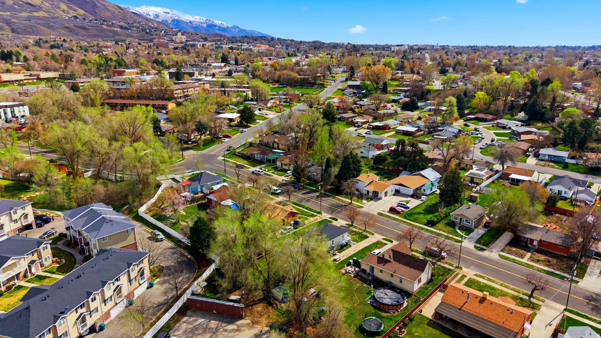 Aerial perspective of suburban area with mountains