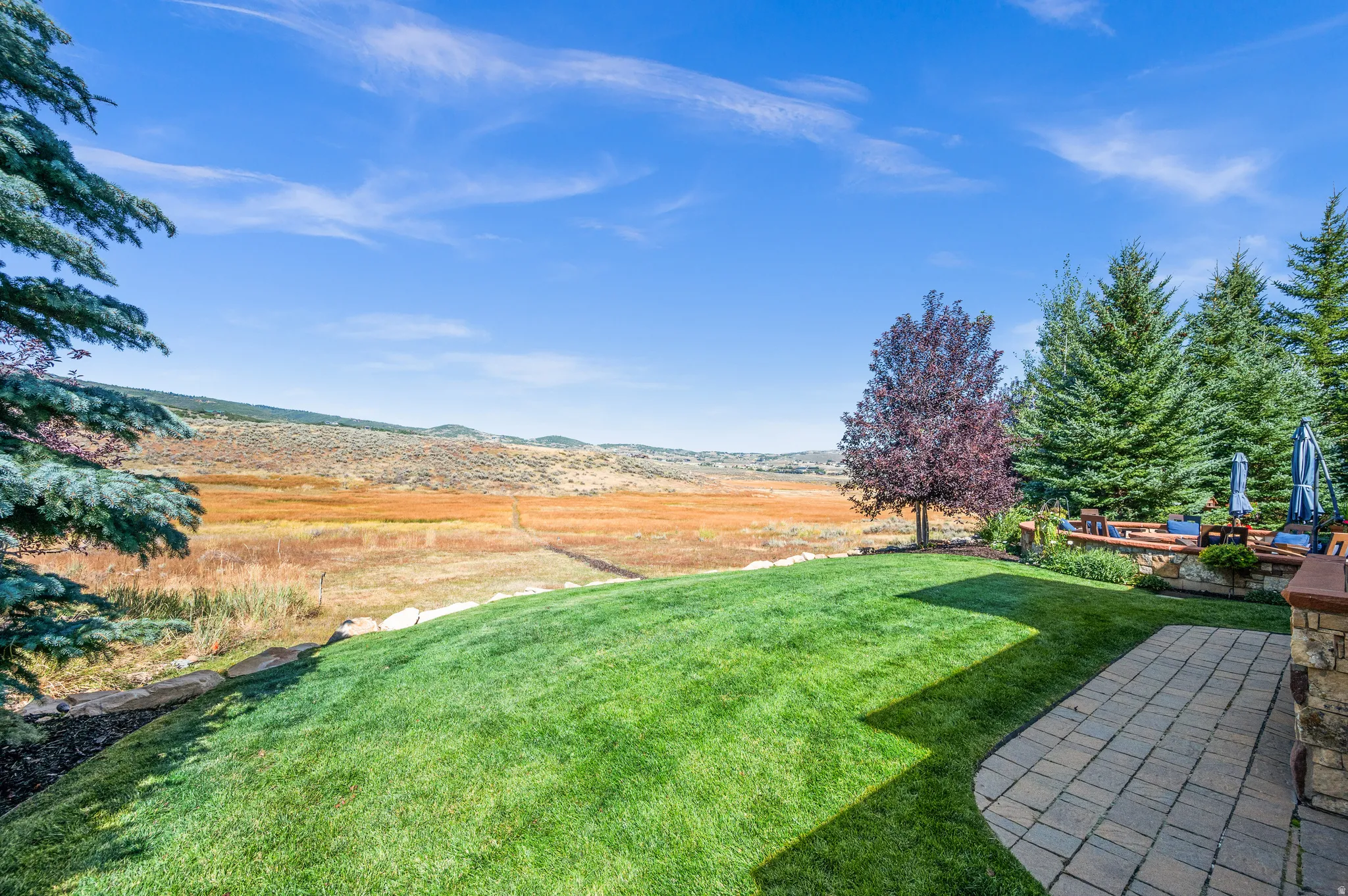 View of grassy yard with a patio and a mountain view