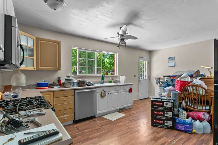 Kitchen space featuring wood-finish flooring, a window above the sink, a ceiling fan, and a rear exterior door
