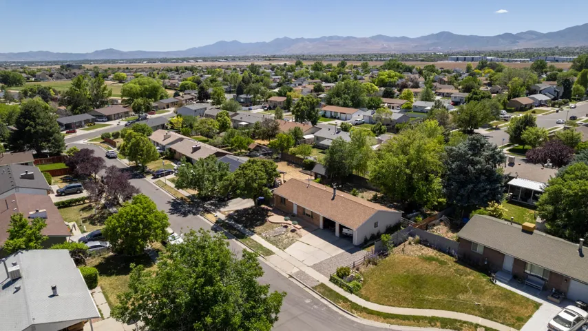 Residential neighborhood featuring mature trees and a distant mountain range