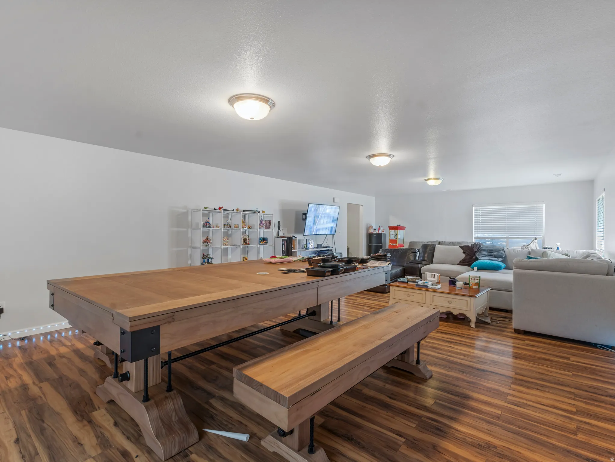 Open concept room featuring wood-finish flooring and multiple flush-mount ceiling lights