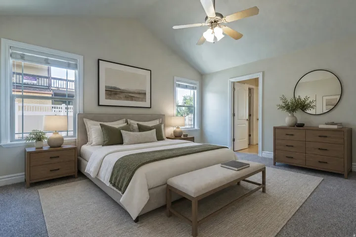 Vaulted ceilings enhance this carpeted room featuring a ceiling fan with light fixture, two windows, and a doorway