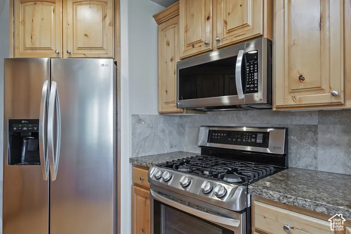Kitchen featuring stainless steel appliances including a side-by-side refrigerator, gas range, and built-in microwave