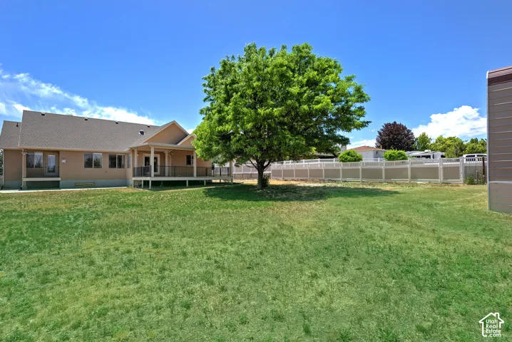 Expansive grassy backyard featuring a mature shade tree, full privacy fencing, and a covered back patio with railing