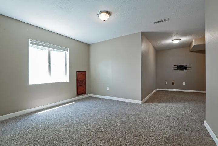 Carpeted bonus room featuring a window, ceiling-mounted lighting, a built-in wooden cabinet, and a wall-mounted bracket
