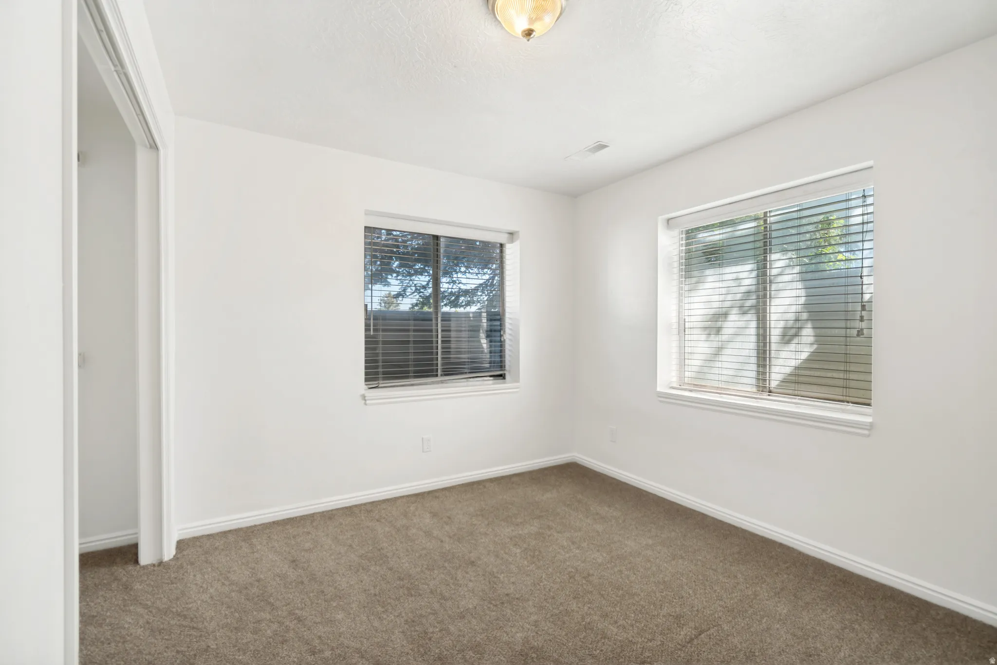 Carpeted room featuring two windows with horizontal blinds, white baseboards, and a semi-flush mount ceiling light fixture