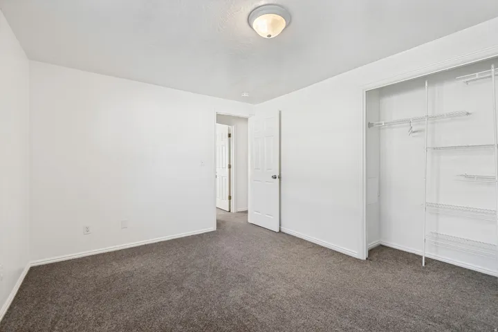Room featuring plush grey carpeting, bright white walls, a built-in closet with wire shelving, and a flush-mount ceiling light fixture