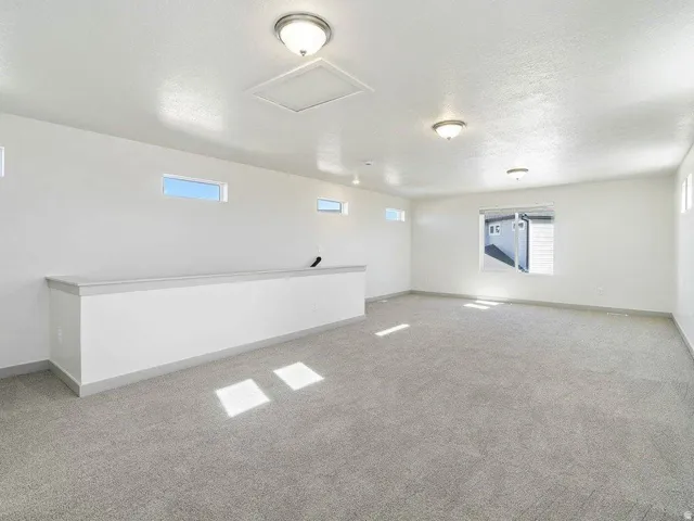 Spacious room featuring light gray carpeting, crisp white walls, multiple windows providing natural light, and ceiling-mounted dome light fixtures