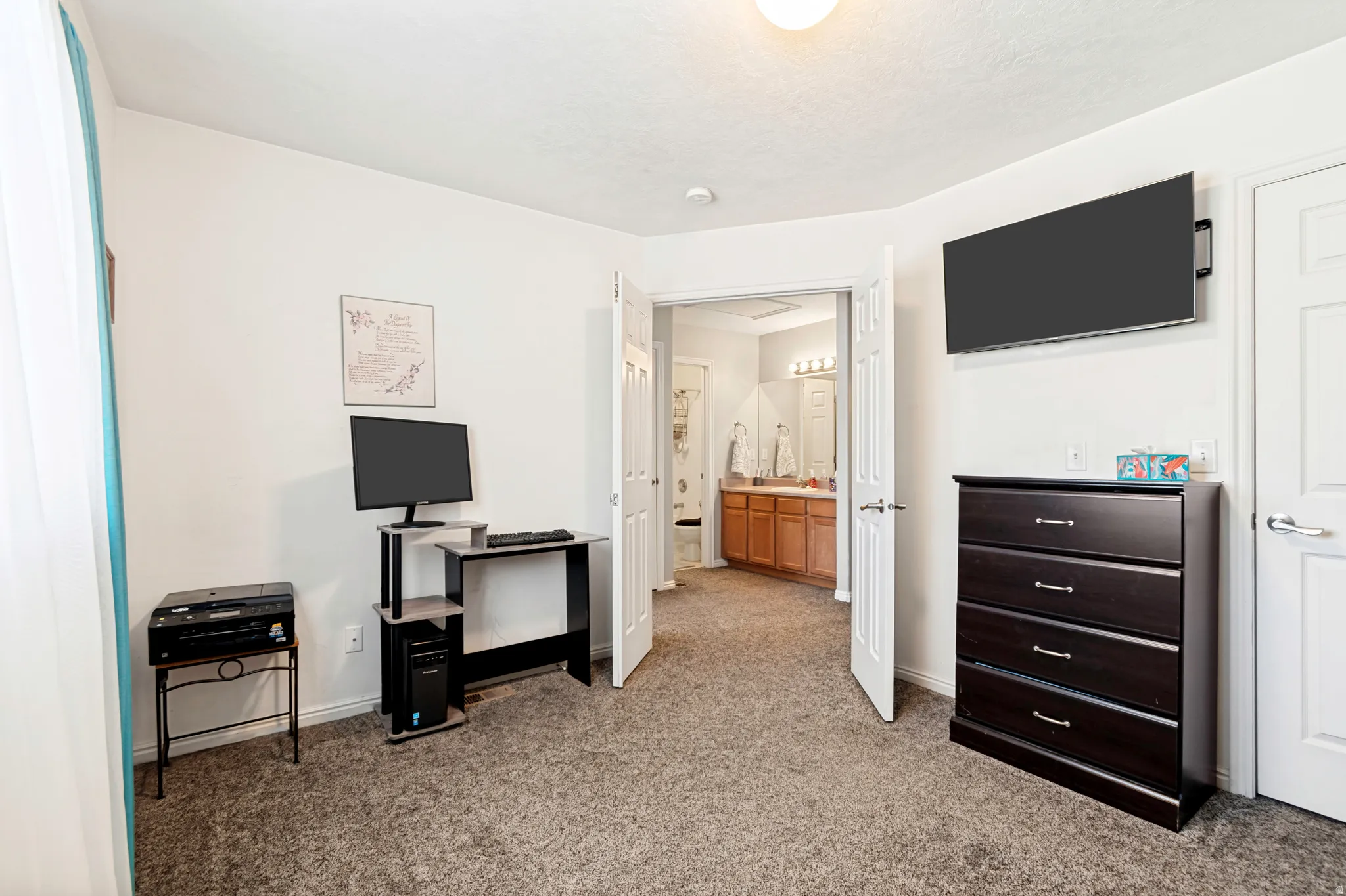 Carpeted room with a wall-mounted flat-screen display, white paneled doors, and a ceiling-mounted light fixture