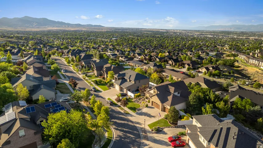 Aerial perspective showcasing a residential community with varied architectural styles