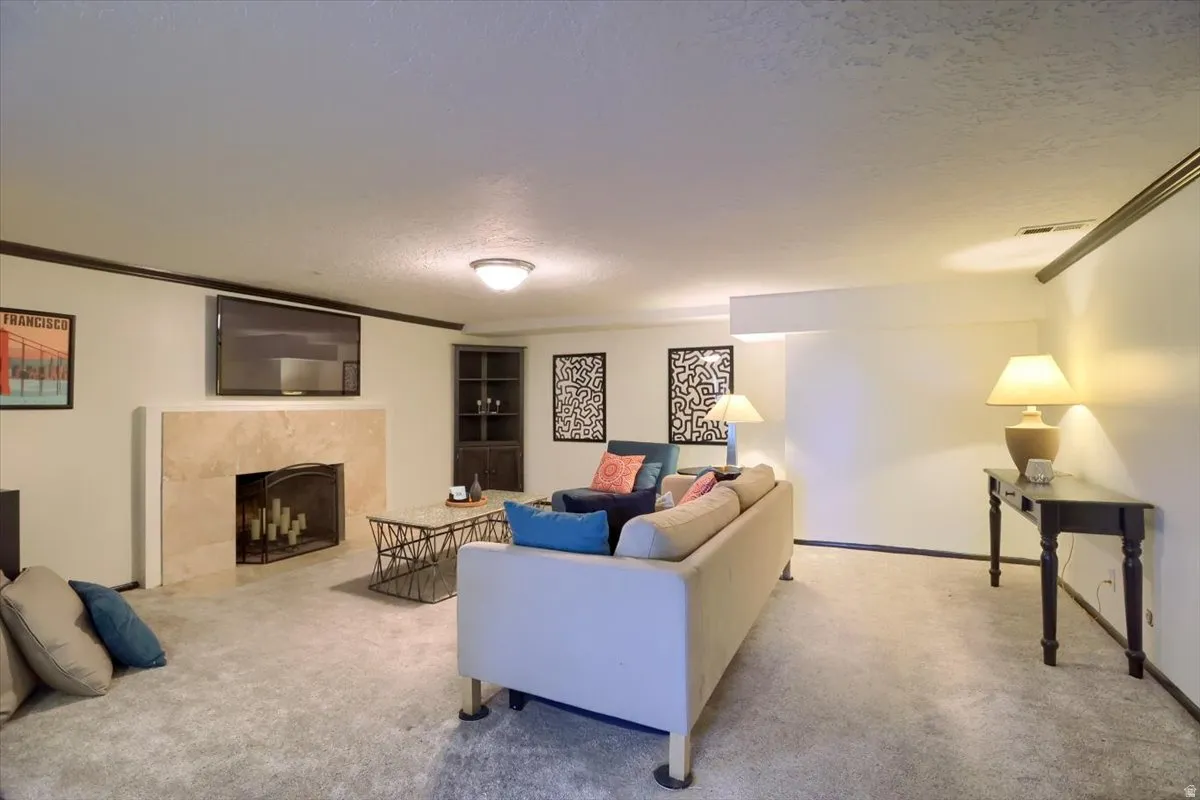 Spacious living area featuring light-toned carpet flooring and a corner built-in cabinet