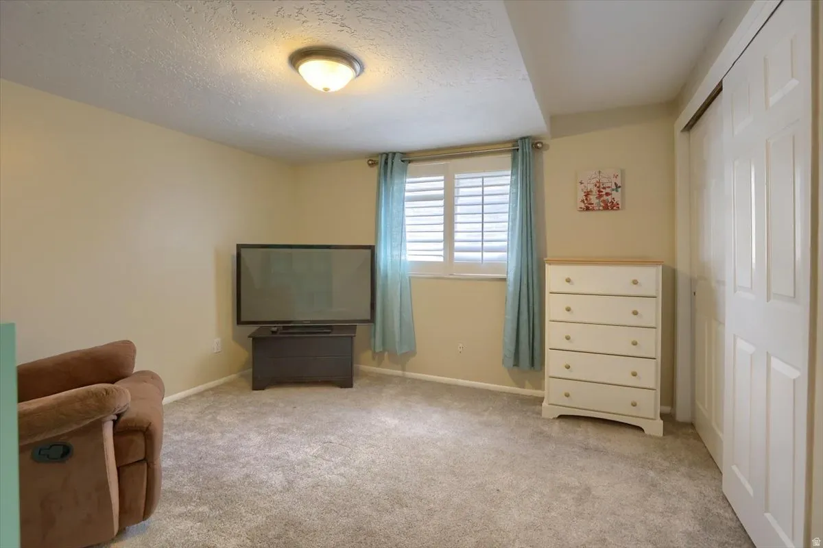Room featuring neutral-toned walls and plush gray carpeting