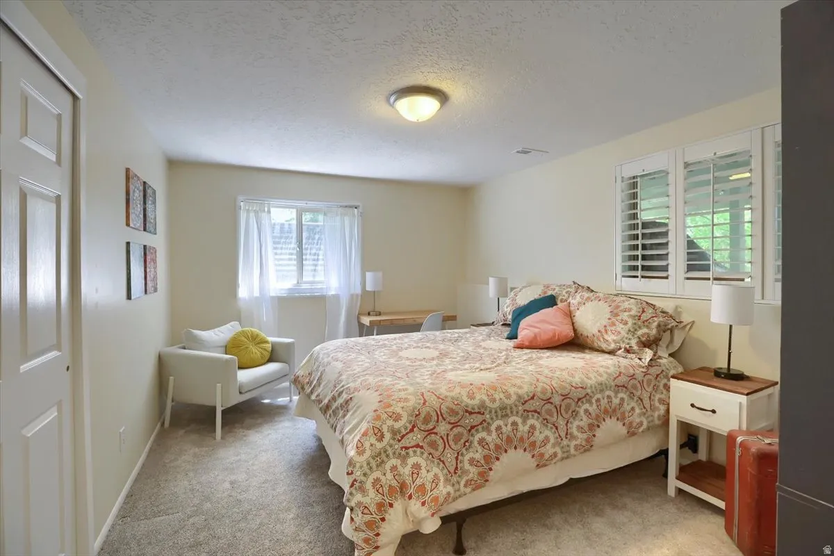 Carpeted room featuring a white paneled door, two windows with white plantation shutters, and a ceiling-mounted light fixture