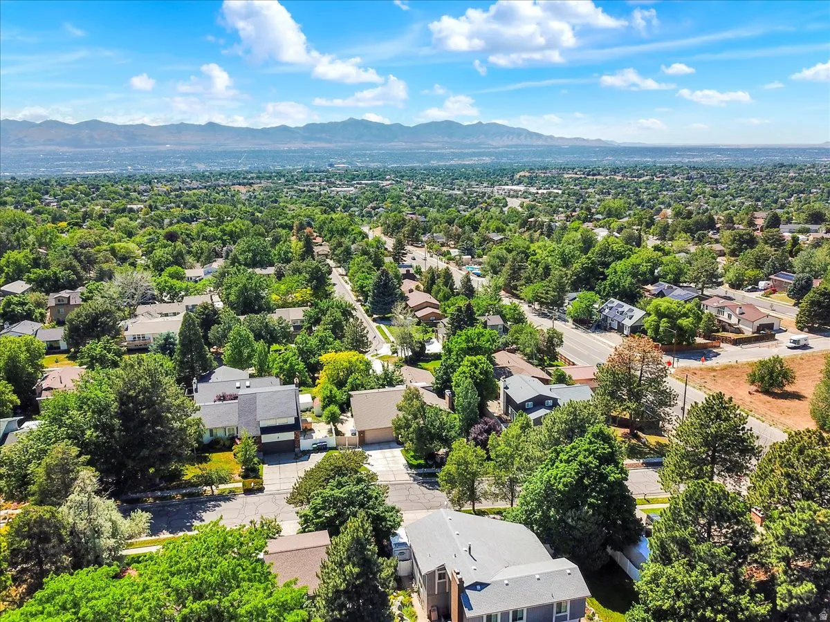 Expansive residential area with mature tree canopy and distant mountain backdrop