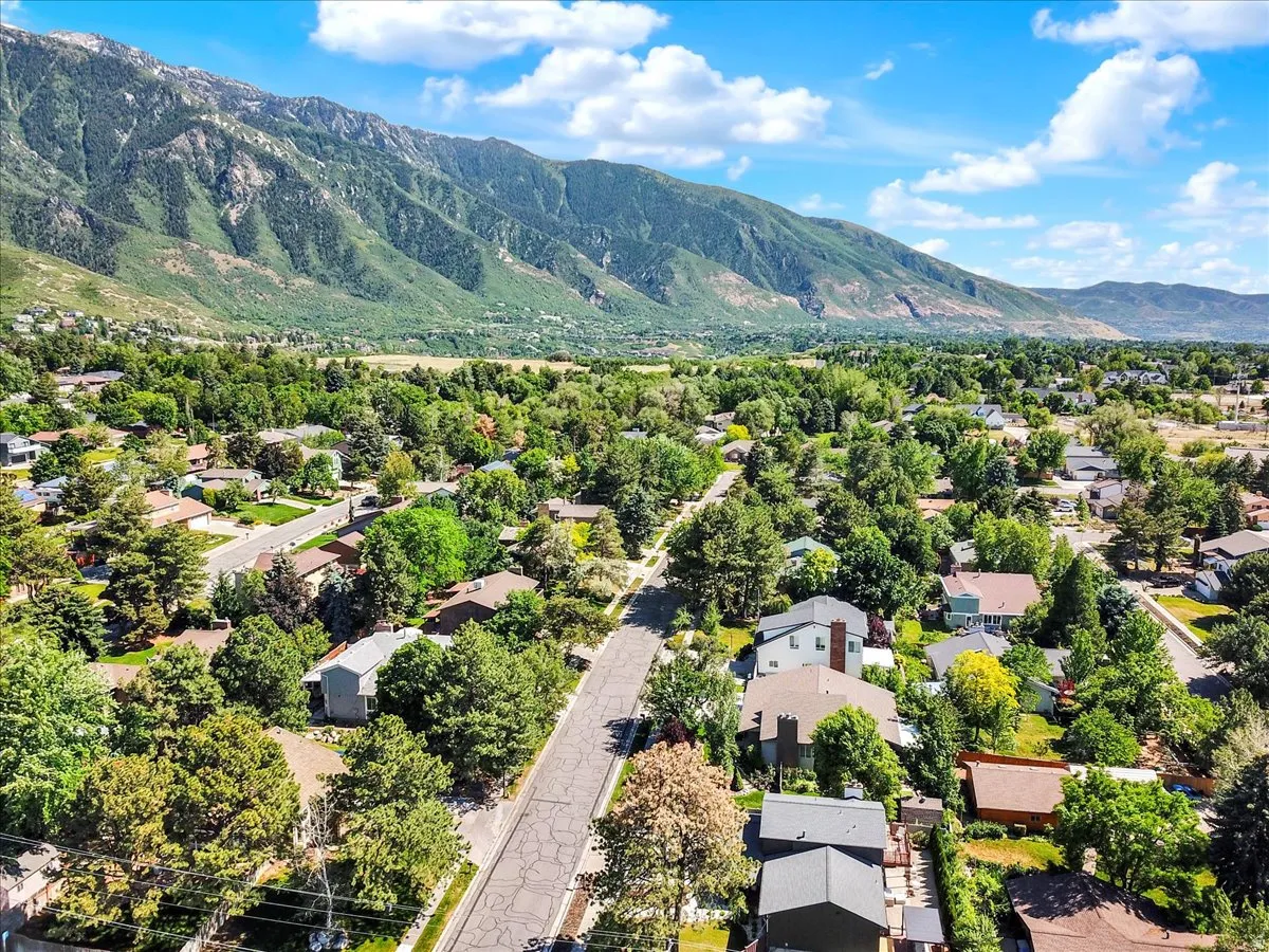 Expansive neighborhood featuring mature trees and a paved street, framed by distant mountains