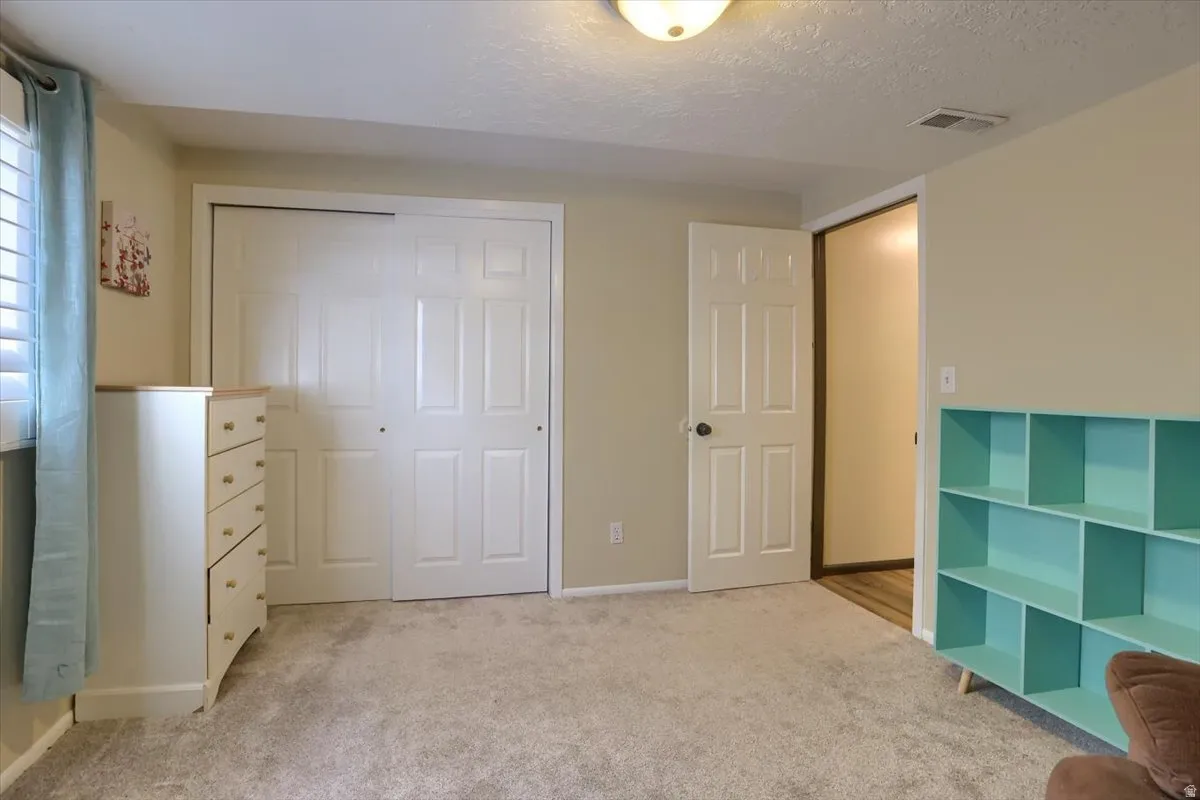 Neutral-toned wall paint and textured carpeting