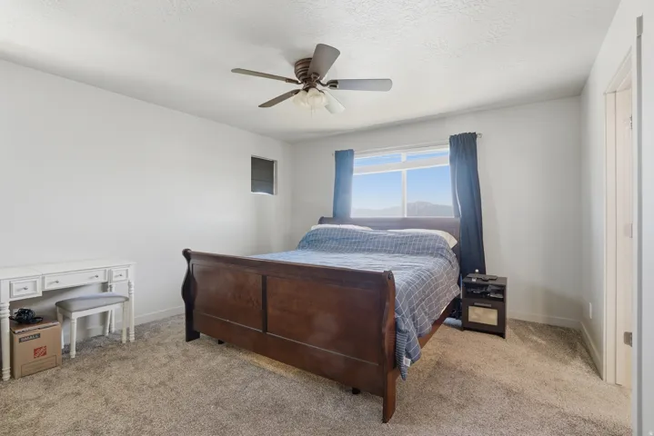 Carpeted room featuring a ceiling fan with light, a wide window, and white walls