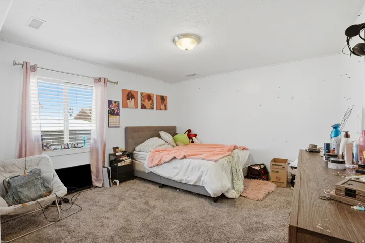Carpeted room featuring a window with horizontal blinds, a flush-mount ceiling light fixture, and crown molding