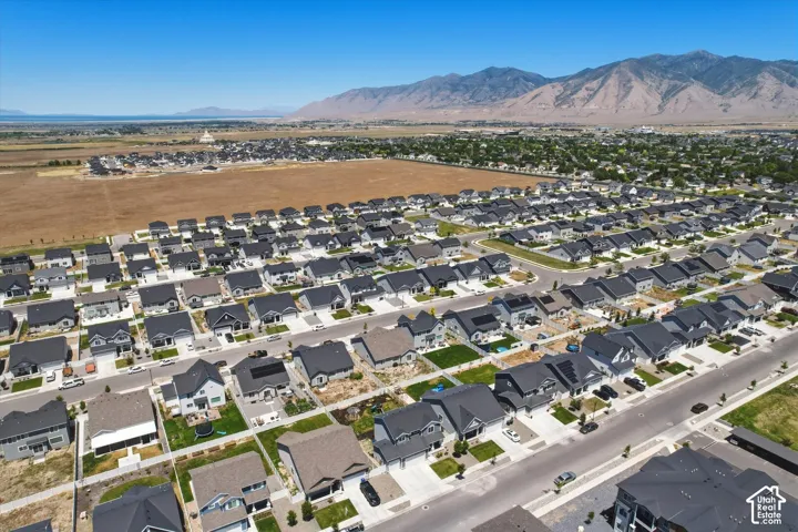 Aerial perspective showcasing a developed residential neighborhood with a mountain backdrop
