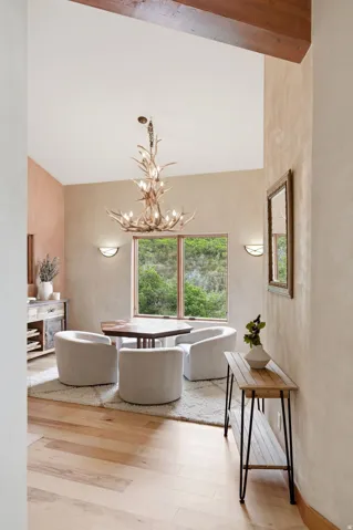 Vaulted ceiling with an antler-style chandelier