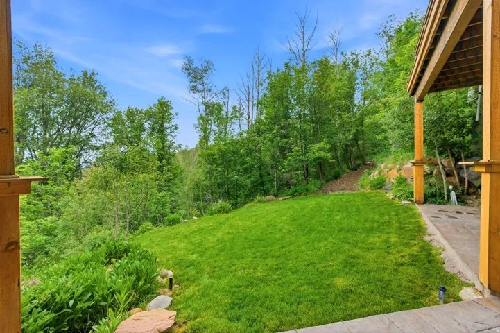 Expansive lawn area with a stone patio, bordered by lush foliage and mature trees
