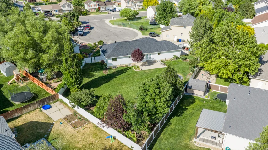 Expansive backyard featuring a large green lawn, mature trees, a privacy fence, and a patio area