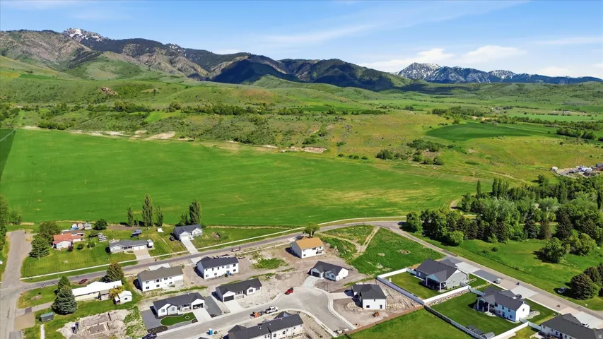 Expansive green fields bordering a developing residential area with mountain scenery