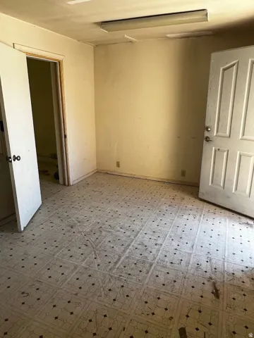 Room featuring patterned sheet vinyl flooring, a flush-mounted fluorescent light fixture, and two panel doors