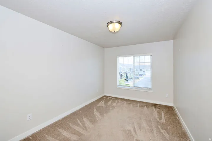 Neutral-toned room with plush carpeting and a flush-mount ceiling light fixture