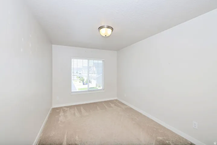 Neutral tone carpeting with white baseboards and light-colored walls