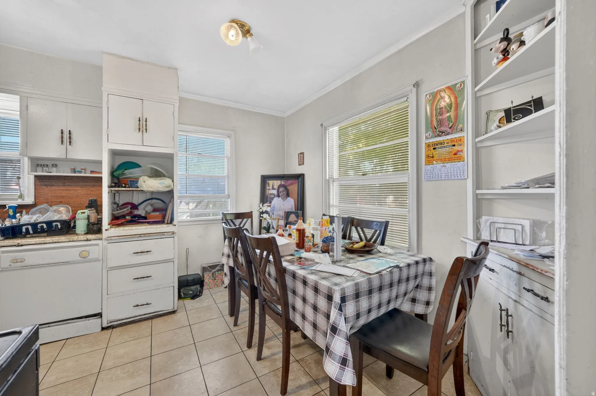 Kitchen area featuring tile flooring, white cabinetry, a built-in dishwasher, and multiple windows