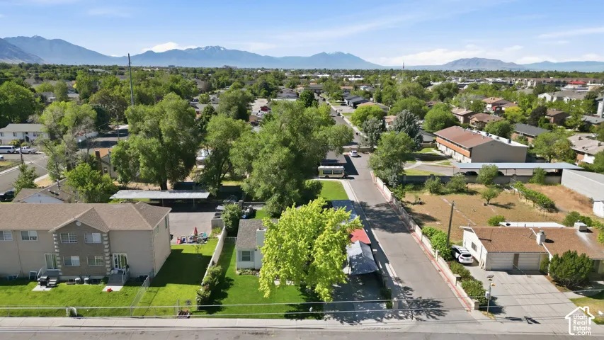 Aerial perspective showcasing a residential street with diverse property types
