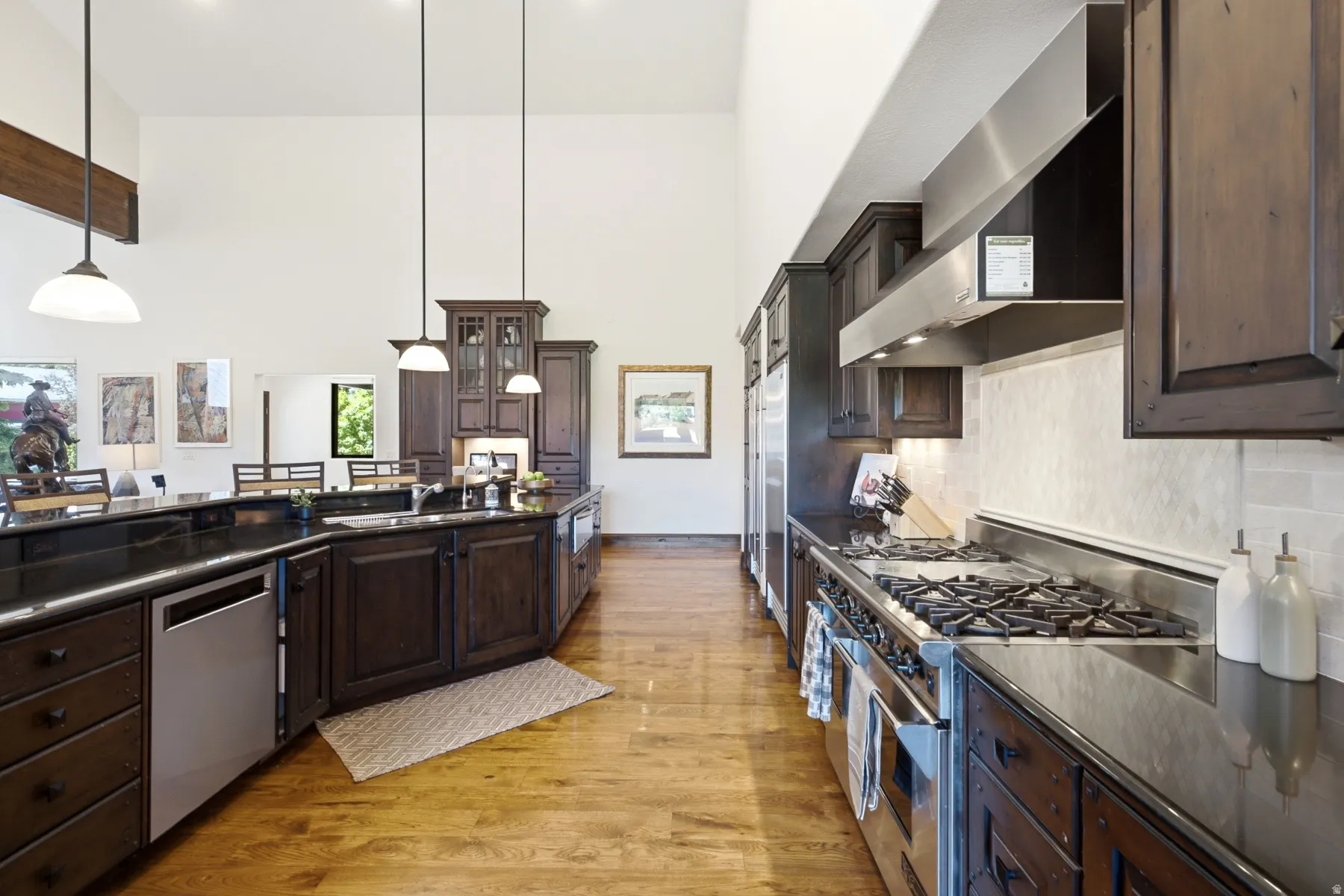 Gourmet kitchen featuring high ceilings, dark wood cabinetry, a large kitchen island with a built-in sink, stainless steel appliances including a gas range and range hood, and wood-finish flooring