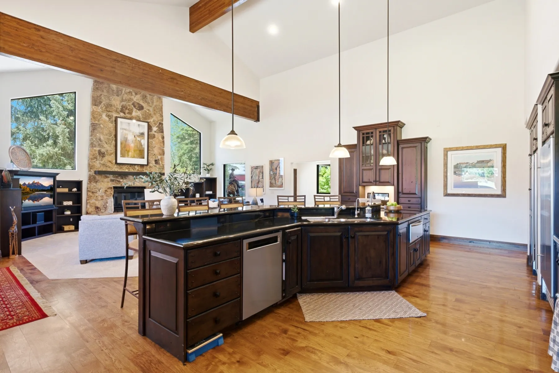 Open-concept living area featuring a kitchen island with dark cabinetry and a polished countertop, stainless steel appliances, and wood-finish flooring