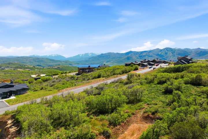 Expansive mountain landscape with a paved road winding through green foliage, featuring distant homes, a body of water, and snow-capped peaks