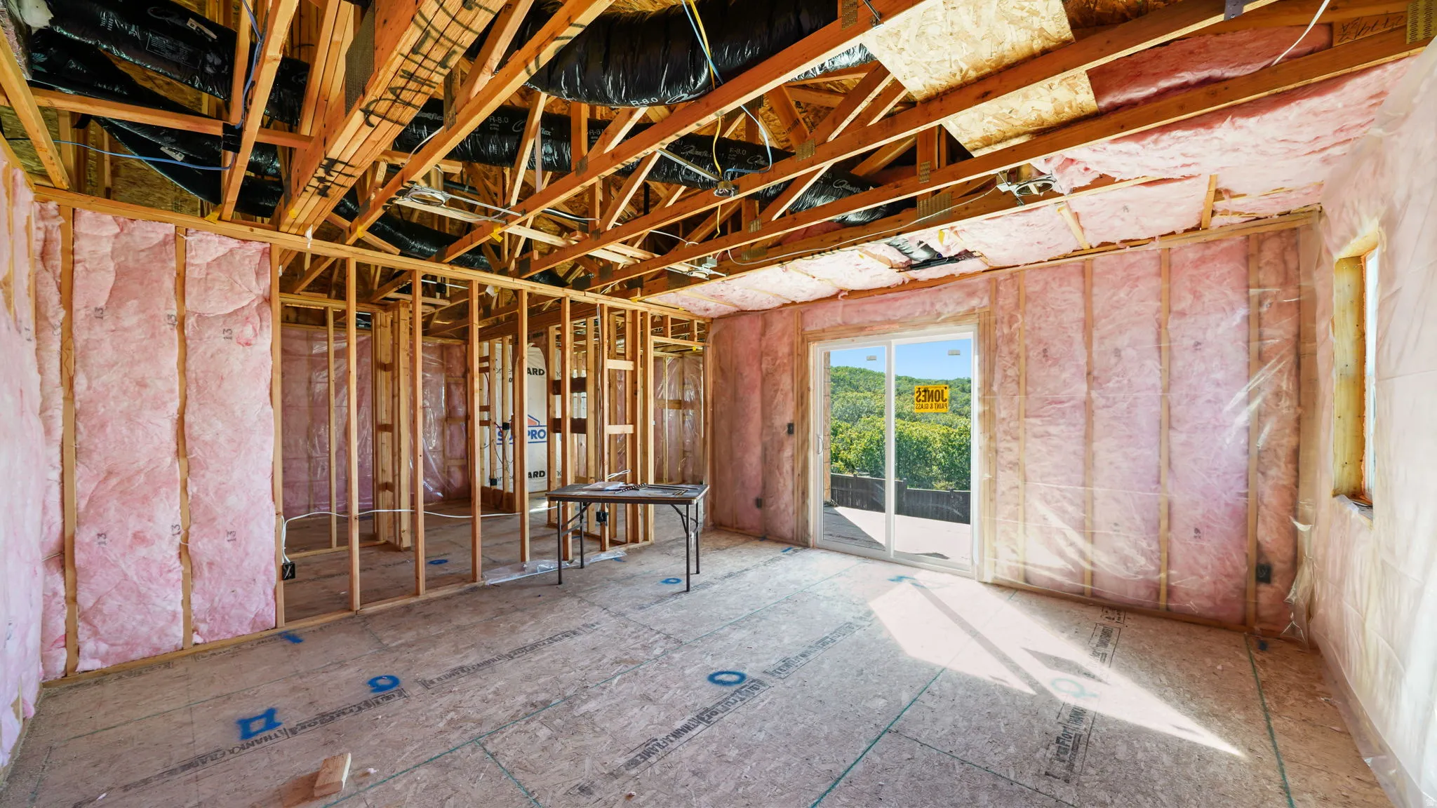 Interior framing and insulation with exposed ceiling joists