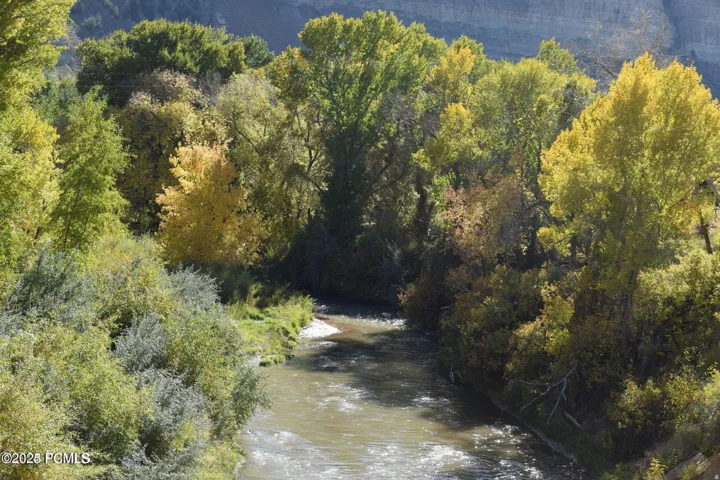 Natural river setting bordered by lush, mature trees featuring vibrant autumn foliage