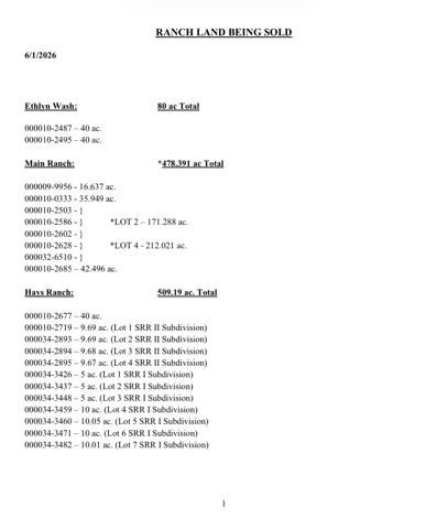 Ranch Land Sale Document. Enumerating property parcels and associated acreage